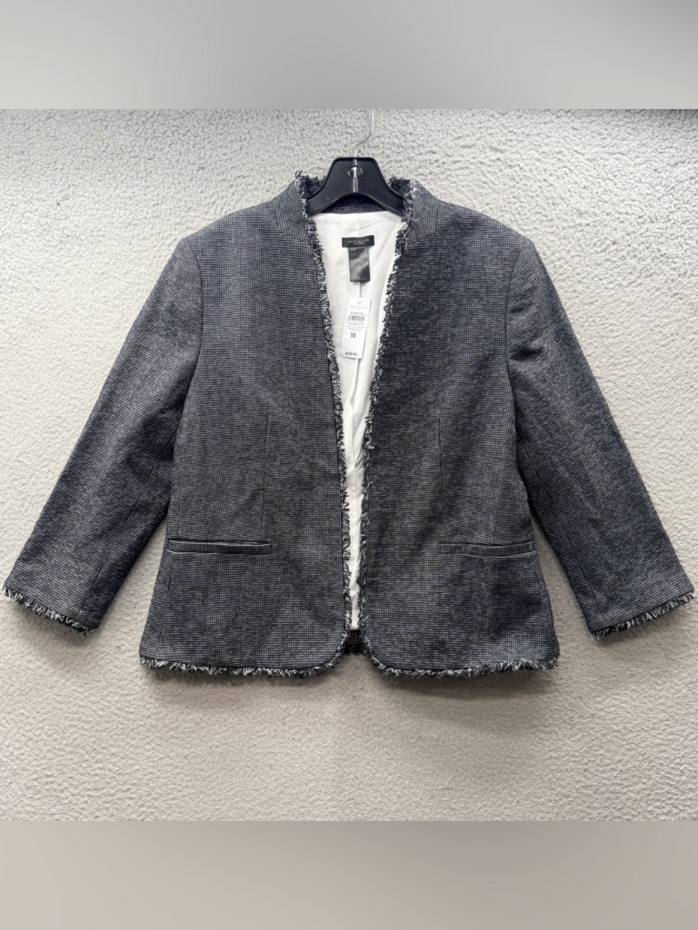 NWT Ann Taylor Blazer Gray Tweed Fringe Trim Open Front Jacket Preppy Women’s 10